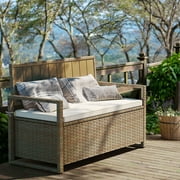 DWVO Outdoor Patios Deck Box Bench with Cushion All-Weather Steel  PE Rattan Storage with Backrest Armrest - Beige