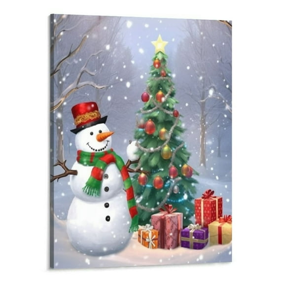 Creowell  Happy Snowman Picture Decoration Wall Art Christmas Tree Canvas Print Winter Scene Snow Scene Suitable for Bathroom Kids New Year Gift 16x20 Inch