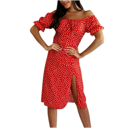 

Mrat Short Sleeve Off-The-Shoulder Knee-High Dress Women Summer Corset Dress Elasticity For Ladies Summer Print Tube Tops Casual Off Shoulder Split Holiday Dress Female Casual Spring Dress