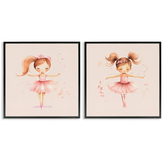 Stupell Industries Little Ballerina Dancers People Painting Black Framed Art Print Wall Art, 12 x 12, Set of 2