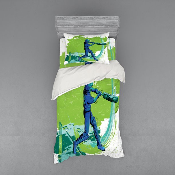 Sports Duvet Cover Set, Cricket Player Pitching Win Game Champion Team