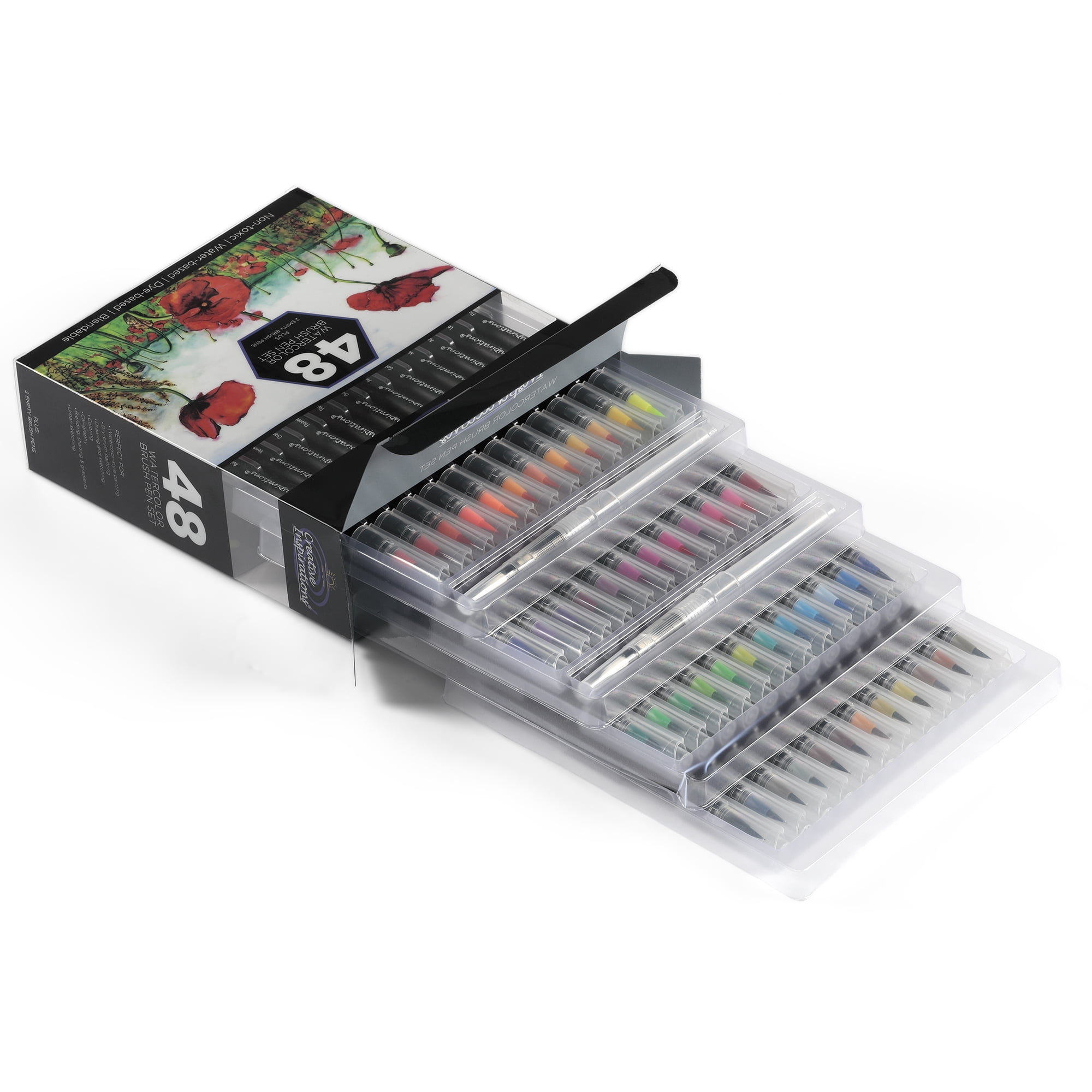 Creative Inspirations Watercolor Brush Pen Set - Water-Soluble Pens for Painting and Coloring - Set of 48 Assorted Colors