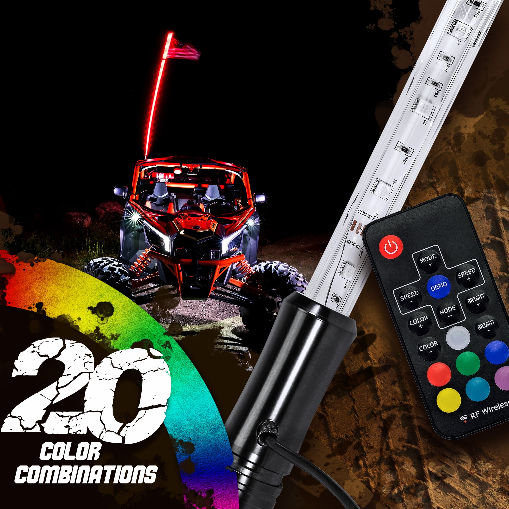 20 Colors Wireless Remote 21 Modes 5 ft - Pack of 2 Accessories for ATV Polaris RZR 4 Wheeler Weatherproof 2pc 5ft LED Whip Lights w/Flag Lighted Antenna Whips