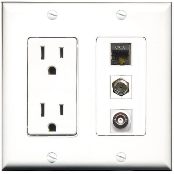 RiteAV - 15 Amp Power Outlet 1 Port Coax 1 Port Shielded Cat6 Ethernet Ethernet 1 Port BNC Decorative Wall Plate