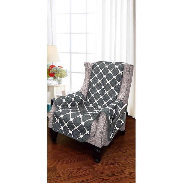 2024 Luxury Bloomingdale Pattern Reversible 2-Tones Quilted Furniture Protector with Smart Pockets and Elastic Straps Great for Pets and Kids Wing Gray-black