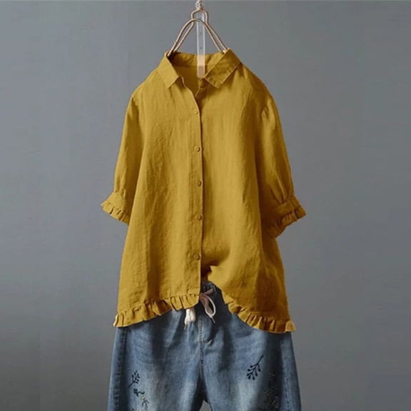 tarylea Plus Size Cotton Linen Tops for Women 3/4 Sleeve Button down Ruffled Lapel Shirts Casual Summer Lightweight Breathable Tops