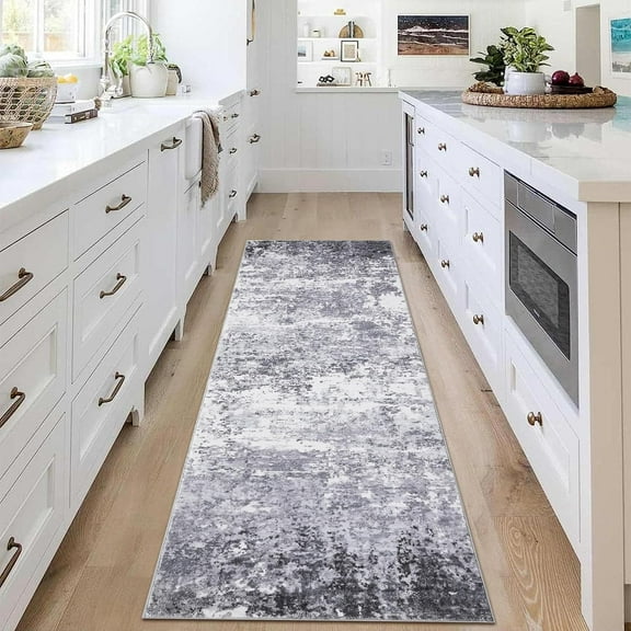 2x6 Washable Rug Non Slip Modern Abstract Hallway Runner Rug Rubber Backing Low Pile Contemporary Carpet Kitchen Laundry Entryway Grey/ 2'×6'