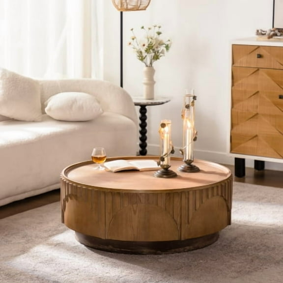 YINGYING 36.22'' Round Coffee Table Farmhouse Wood Circle Coffee Table Pedestal Center Table Relief Accent Tea Table for Living Room Apartment Office