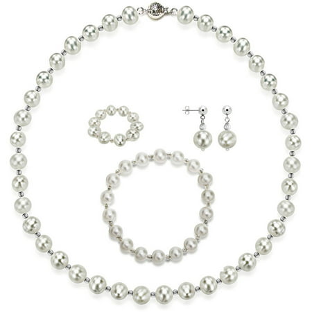 4-Piece Set with White Freshwater Pearl Necklace Sterling Silver Chain 18 with Ball Clasp, Matching Stretch Bracelet, Matching Earring, & Matching Stretch Ring, 9mm x 10mm, Silver Beaded