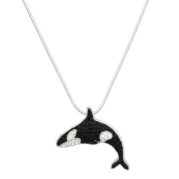 Orca Whale Pendant Necklace Rhinestone Crystal Rhodium Plated 17 Inch Snake Chain J1126