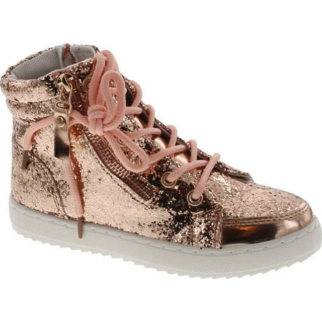 Link Ultra-69K Girl's Glitter Lace Up White Sole Ankle High Top Street Sneakers, Rose Gold, 10