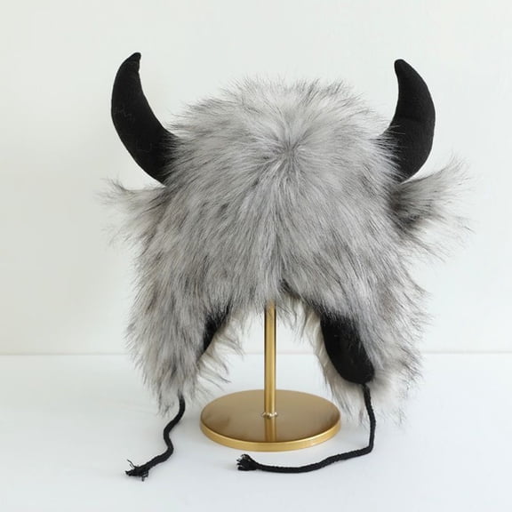 Novelty Viking Hat with Horns Plush Faux Fur Winter Cosplay Costume Cap for Halloween Party Music Festival Gift Fun Gray