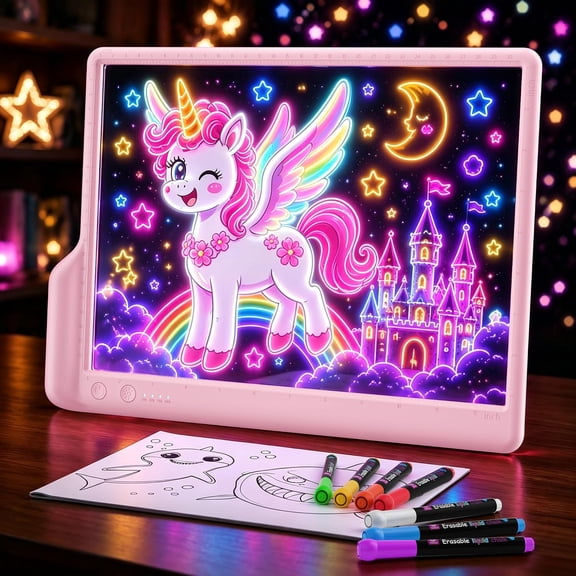 UKEXE Rechargeable 14.5-Inch LED Drawing Board, 9-Color Light Modes &Built-in Stand, Creative Kids Toy, Gift for Boys Girls, Includes 7 Markers & Tracing Book(Pink)