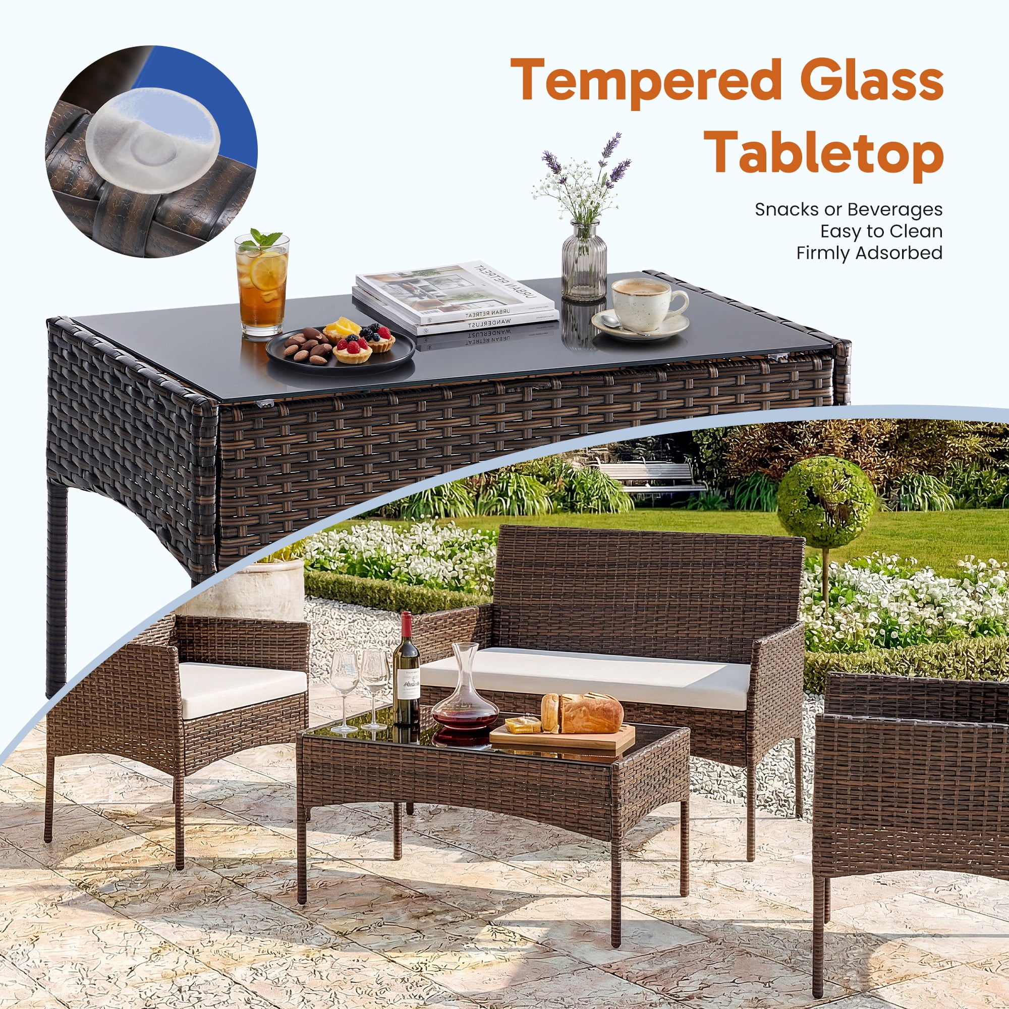 EDX 4 Piece Patio Furniture Set, All-Weather PE Rattan Conversation Set with Black Tempered Glass Coffee Table, Washable Cushions, for Porch Garden Backyard, Brown/Beige