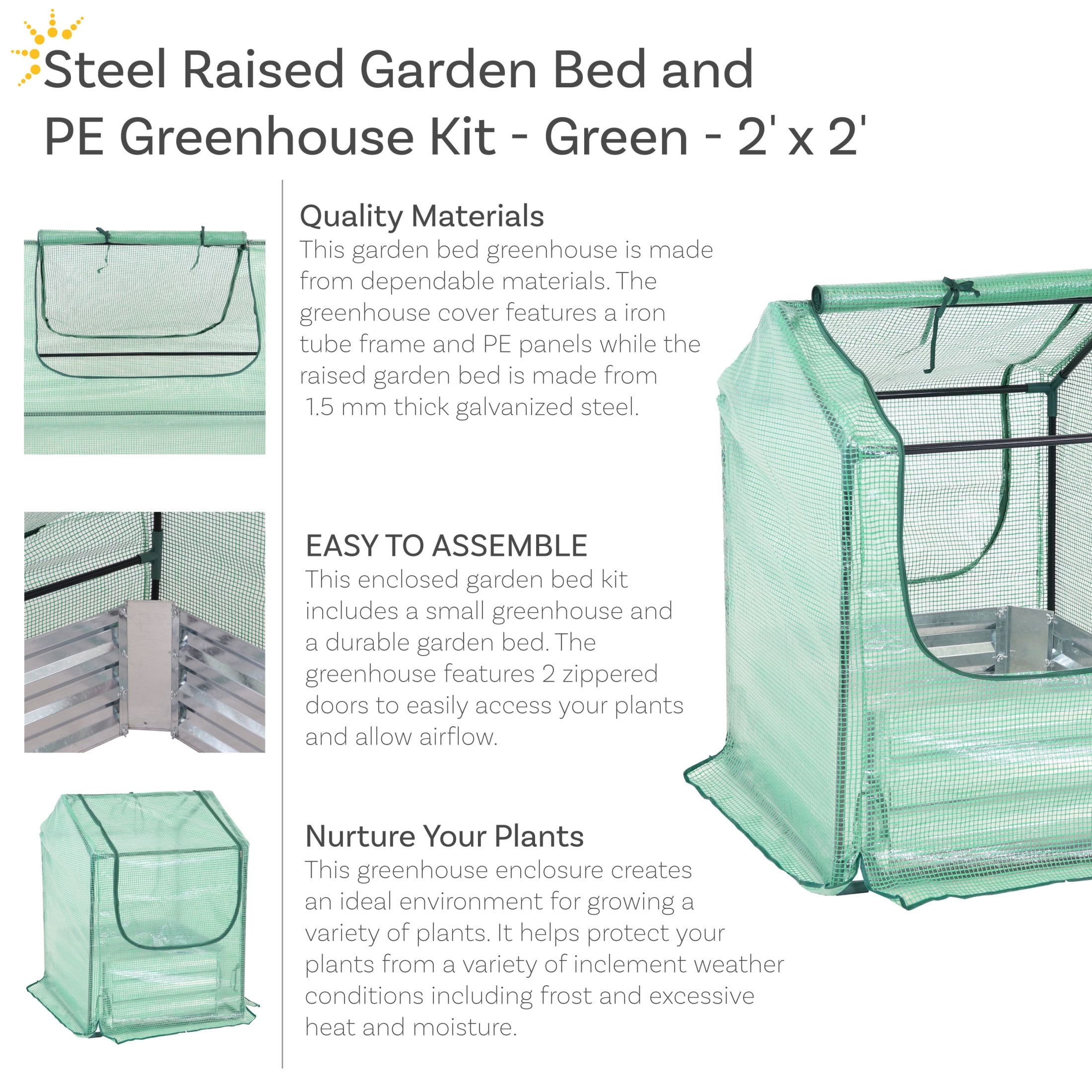 Sunnydaze 2' x 2' x 3' Outdoor Mini Greenhouse with Metal Raised Garden Bed, Green