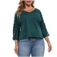 thumbnail image 3 of Hesxuno Women's Plus Size Solid T-Shirts Hollow 3/4 Sleeve Shirts Loose Fit V Neck Cropped Tops Casual Elegant Travel Summer Tees Green, 3 of 7