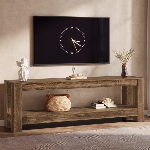 Finmind Solid Wood TV Stand for 65/70/80-inch TVs, 71 inch Farmhouse Entertainment Center with Storage Shelf for living Room, Bedroom, Rustic Brown
