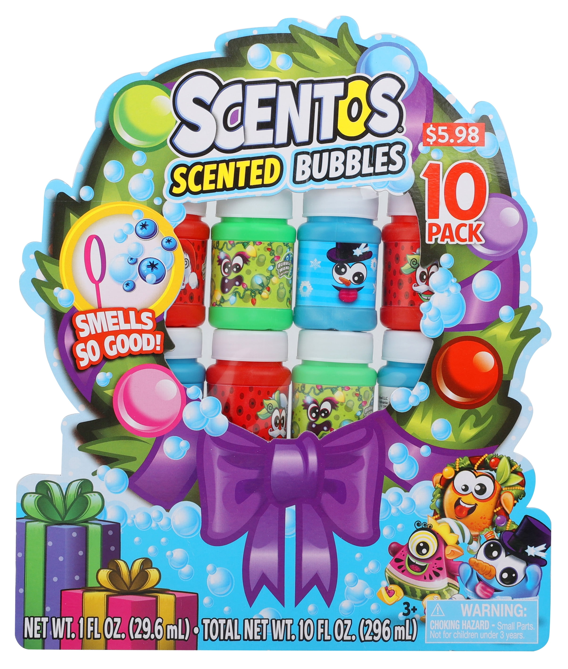 Scentos Fruity Scented 10 1oz Christmas Bubble Bottles - Great Party Favor, Ages 3+