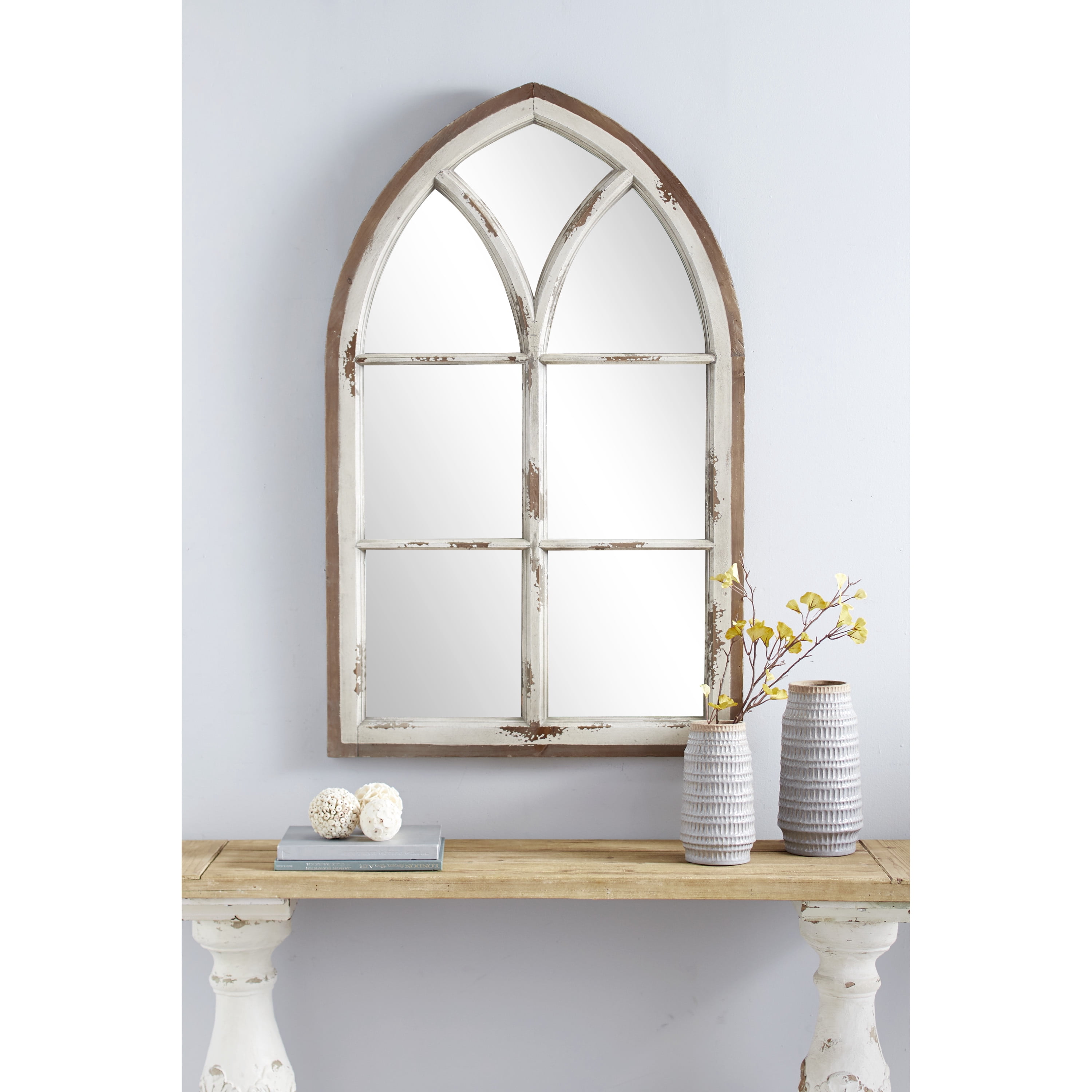 DecMode 32" x 51" White Window Pane Inspired Wall Mirror with Arched Top and Distressing