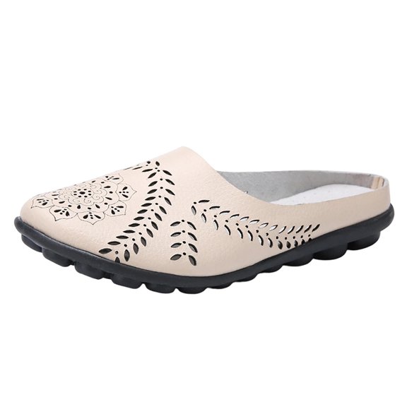 Gpaecead Women'S Hollow Out Flat Beach Slippers Closed Toe Breathable Faux Leather Lightweight Slides For Summer Casual Indoor Outdoor, Beige