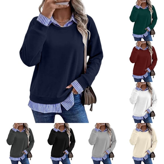Women Collared Striped Sweatshirt Fashion Loose Long Sleeve Shirt Ladies Fall Work Office Casual 2-in-1 Pullover Tops S-XXL