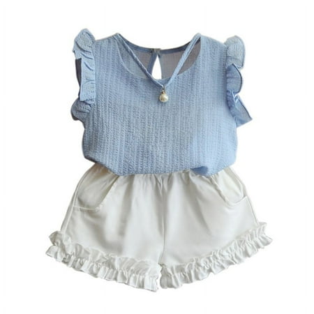 

Baby Girls Sleeveless Chiffon Vest Tops+Shorts Suits
