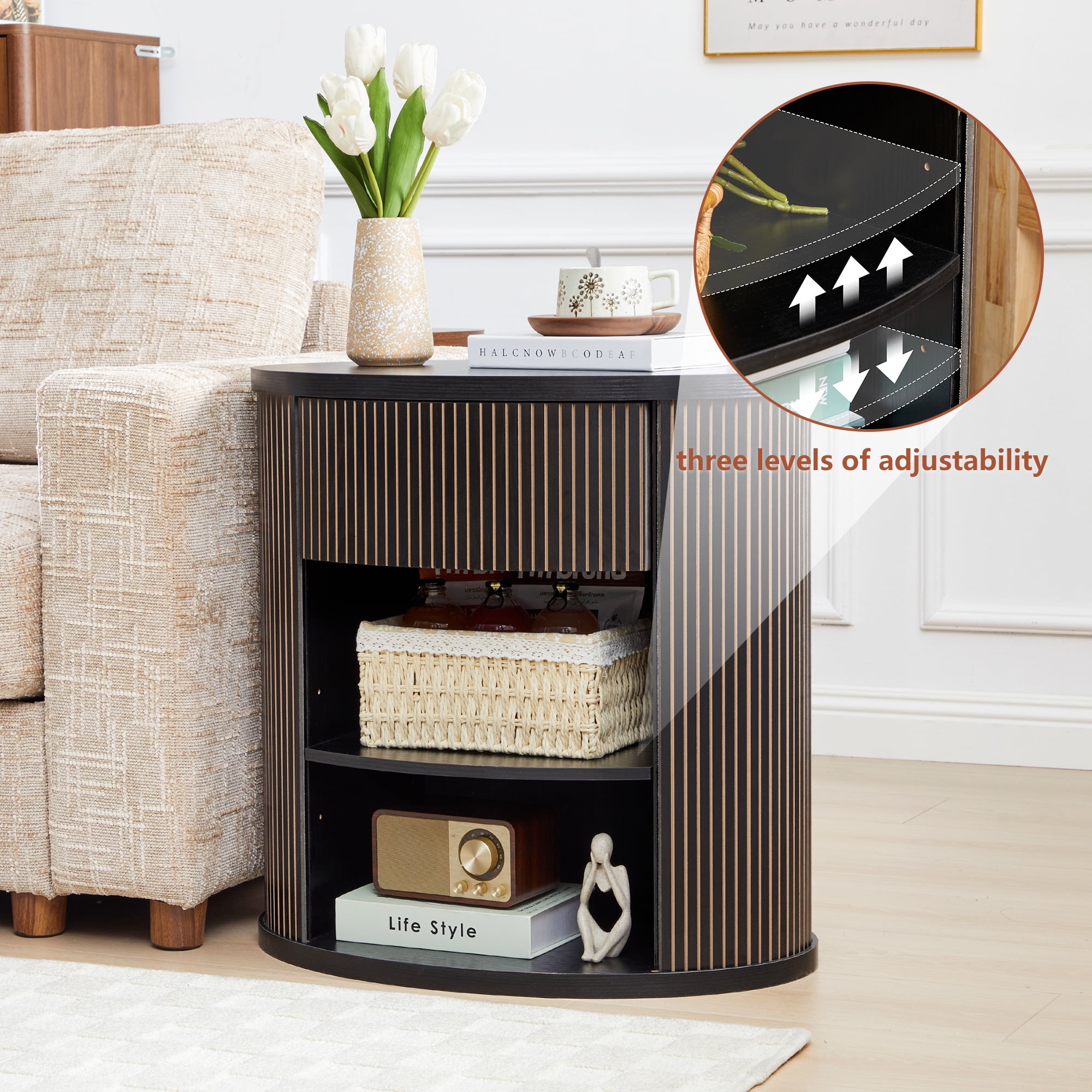 YOCWO Oval Nightstand with 1 Drawer and Adjustable Shelf for Bedroom with Carved Line Design, Round End tables for Living Room, Black