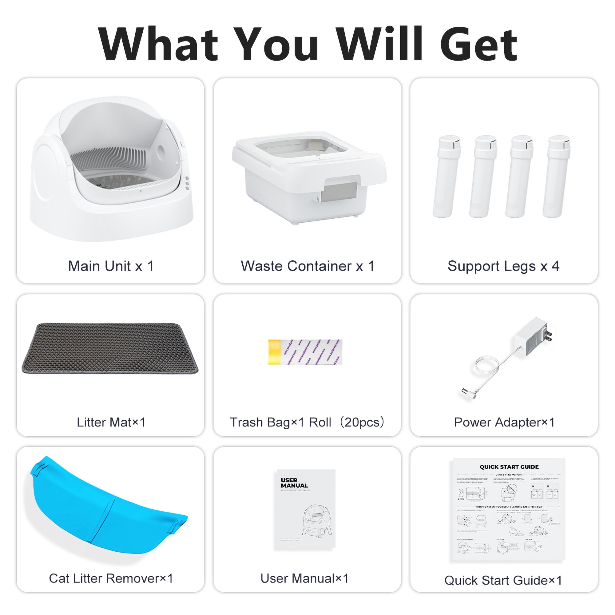 PetPivot Automatic Cat Litter Box Self-Cleaning with Safety Protection, Mat and Trash Bags Included, White
