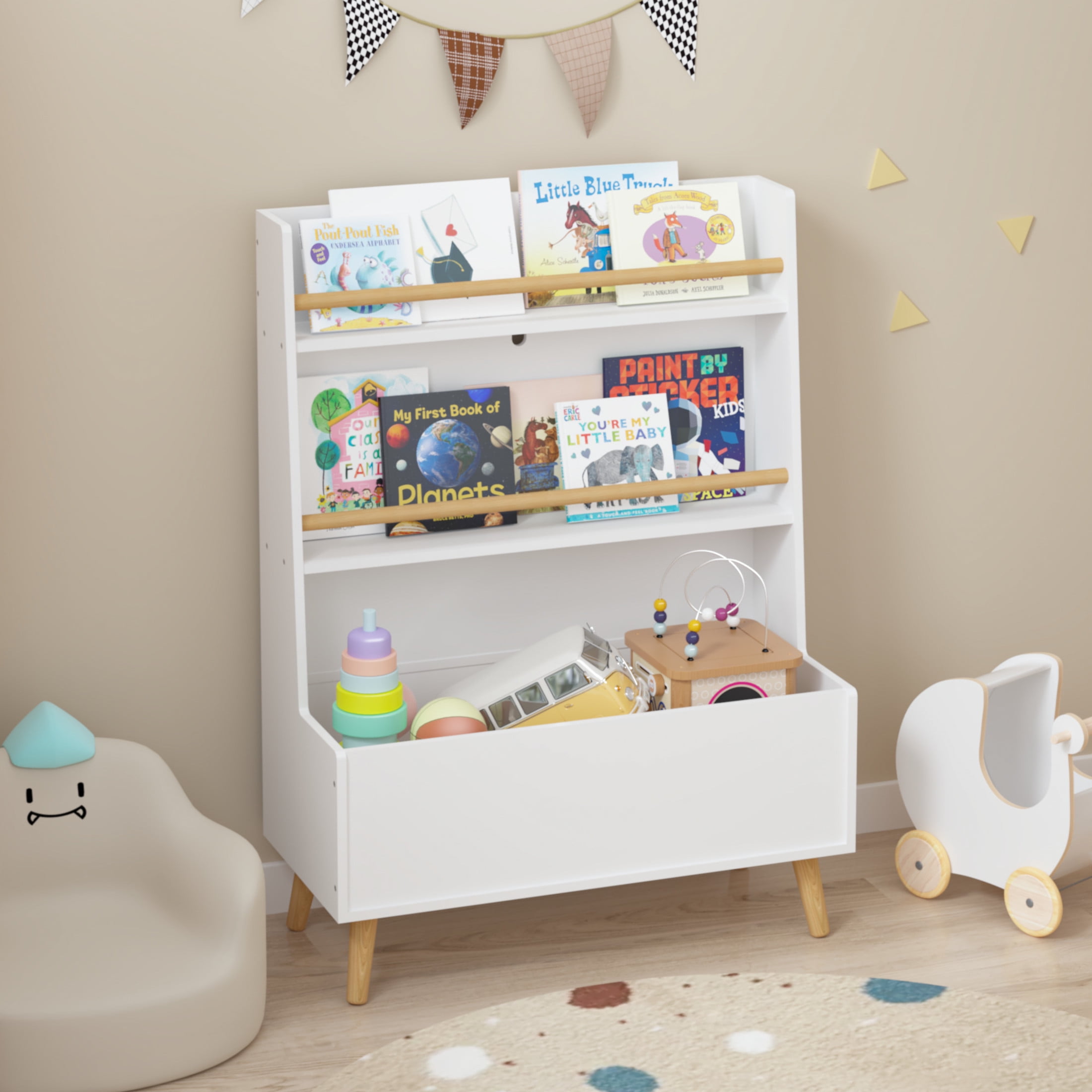 Noble House Solview Kids Bookshelf with Toy Bin, 2-Shelf Book and Magazine Rack Storage Cabinet Organizer, White