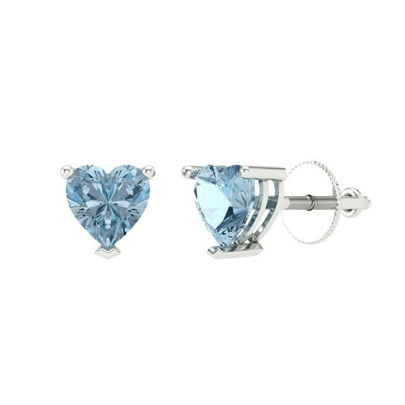 1 ct Screw-Back Stud Earrings for Women | 5mm Heart Cut Natural Aquamarine | 18K White Gold