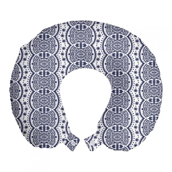 Oriental Travel Pillow Neck Rest, Ornamental Pattern of Orient Motifs and Floral Items on a Plain Background, Memory Foam Traveling Accessory Airplane and Car, 12", Indigo and White, by Ambesonne