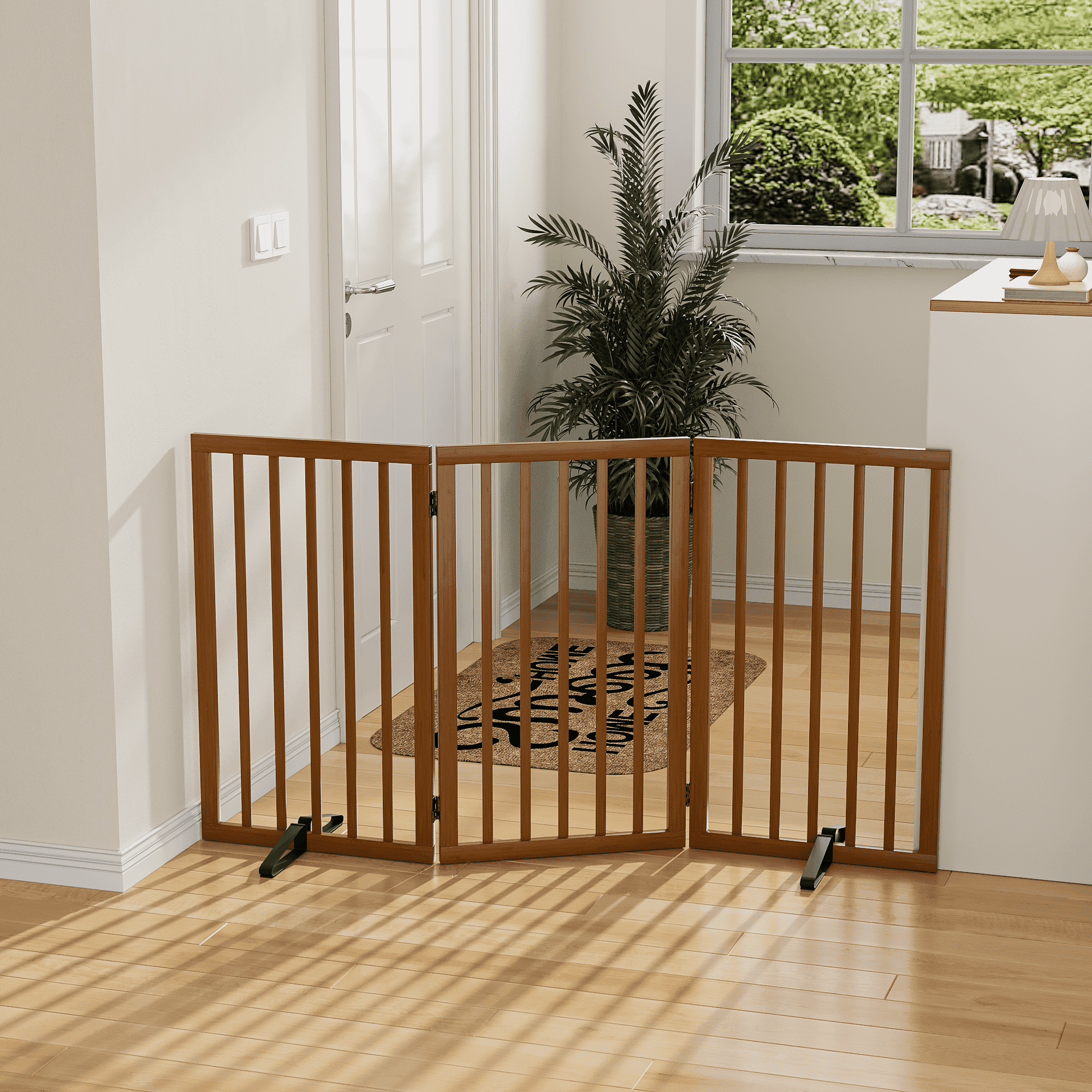 Smart FENDEE 33" Tall Foldable Bamboo Freestanding Pet Gate with Dog Gate and Support Feet, Expands to 55" Wide