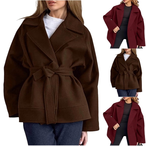 Women's Winter Coat Belted Wrap Notched Lapel Short Coat Trendy Oversized Overcoats for Women Brown S