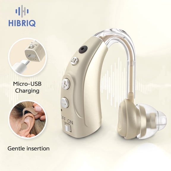 HIBRIQ Digital Hearing Aid for Seniors, Rechargeable, Multi-Level Volume Control, 16-Channel, 4-Mode, Single, Gold
