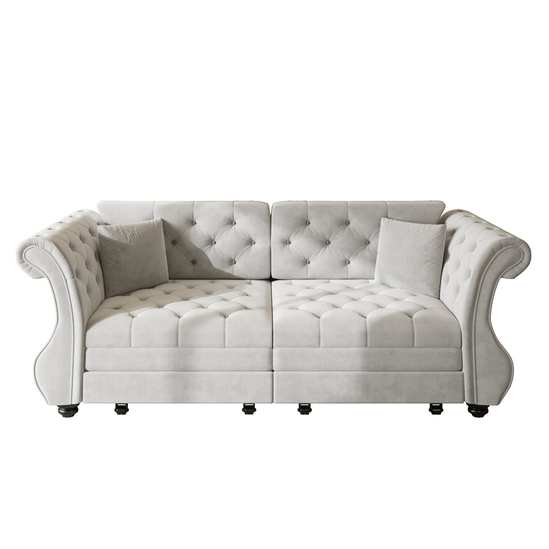 Noble House Wesley Oversized Velvet Chesterfield Pull Out Sofa Bed, Flower Tufted Roll Arm Sleeper Couch, Light Grey