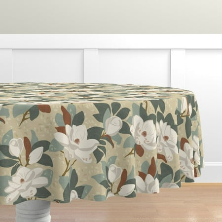 

Cotton Sateen Tablecloth 70 Round - Tan Southern Magnolia Floral Neutral Tree Print Custom Table Linens by Spoonflower