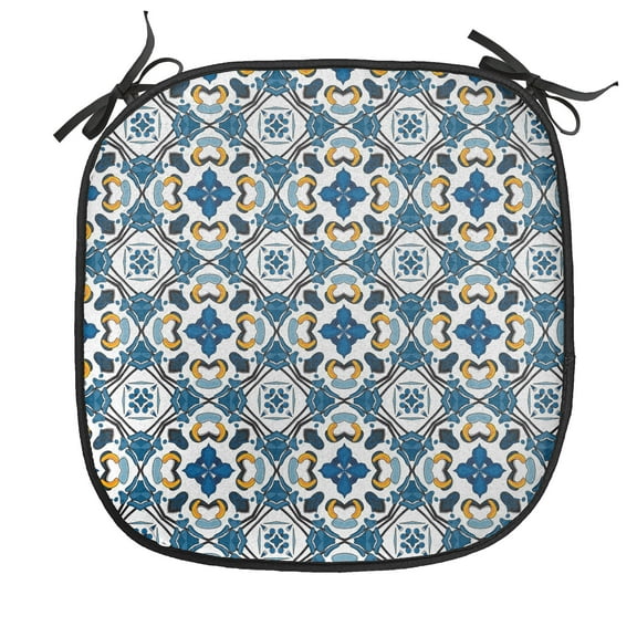 European Chair Seating Cushion, Portuguese Ceramic Classic Tilework Building Artisan European Inspired Image Print, Soft Seat Pads for Office with Anti-slip Backing, 16"x16", Royal Blue, by Ambesonne