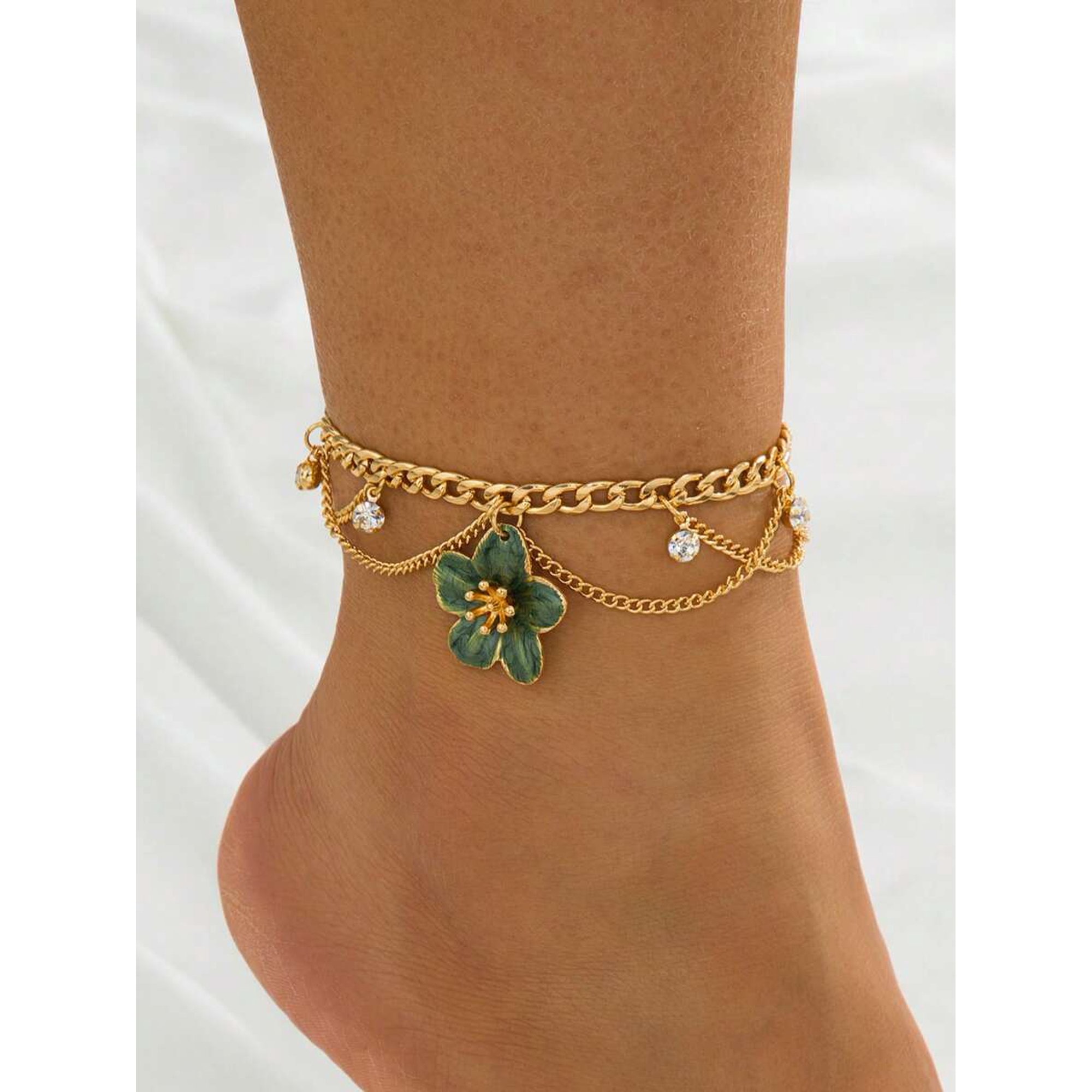 Multilayer Goldtone Anklet With Green Enamel Flower Charm And Crystal