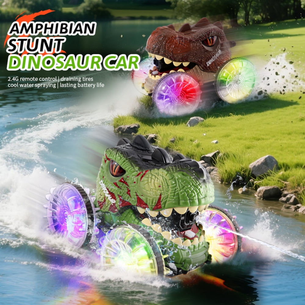 Aezusy Dinosaur Toy RC Cars for Kids, 360-Degree Rotation 4WD Stunt Vehicle with Water Spray, Christmas Gift for 4-12 Years Old for Boys Kids