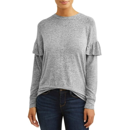 Leather Trim Sweater - Women's Ruffle Trim Pullover Sweater