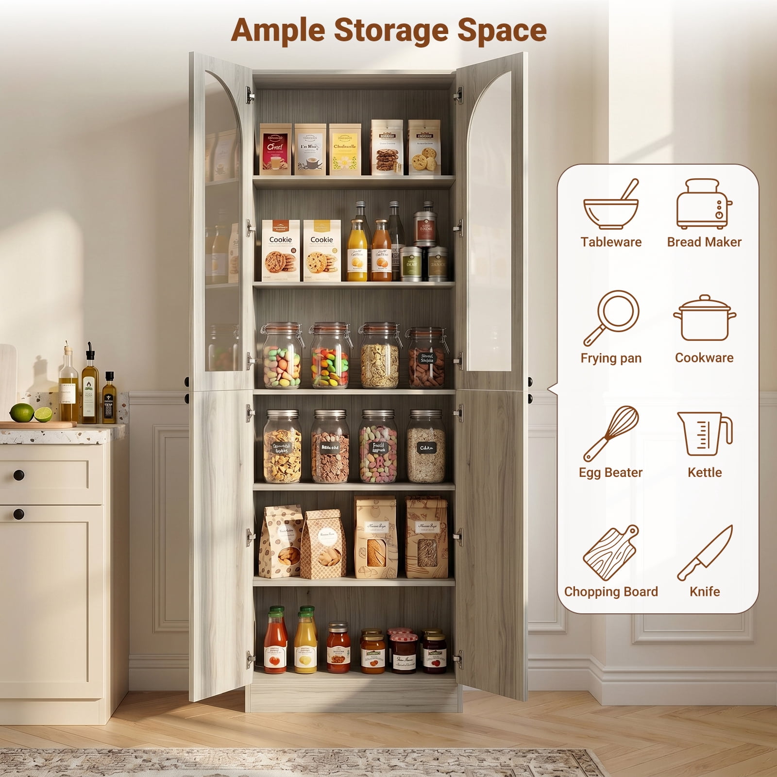 Homieasy 80'' Tall Pantry Storage Cabinet with Glass Doors, 6-Tier Floor Standing Cupboard with Adjustable Shelves for Kitchen, Dining Room, Wash Gray