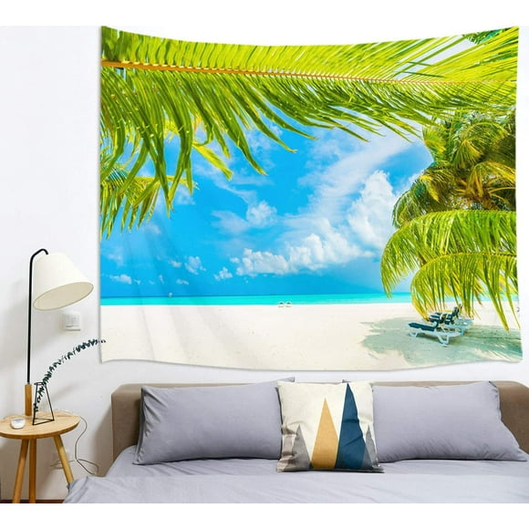 Tropic Tapestry, Tropical Beach Seashore with Palms and Hawaiian Island Ocean Sunny Image, Wall Hanging for Bedroom Living Room Dorm, 60Wx40H inches