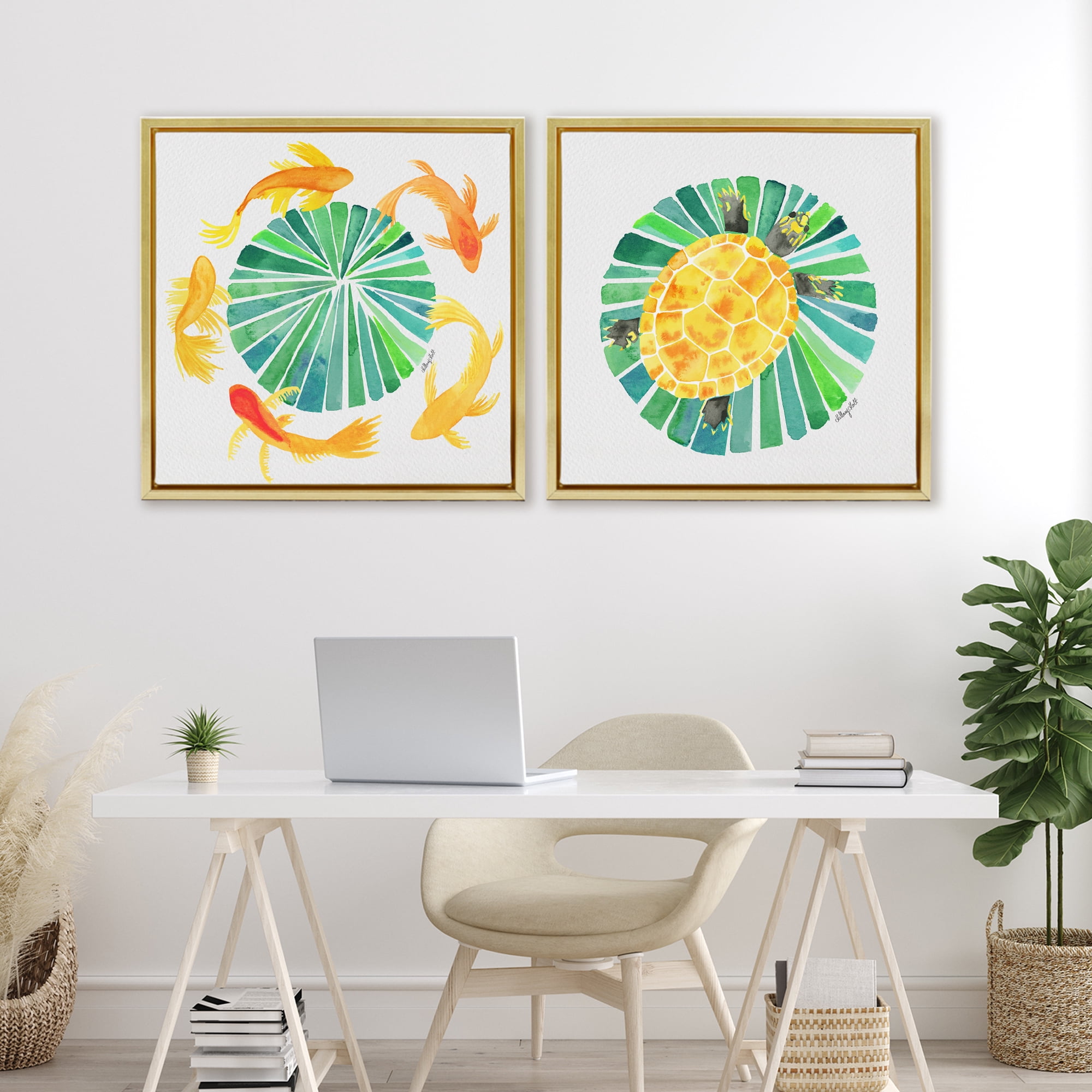 Stupell Industries Orbital Aquatic Creatures 2 Piece Gold Framed Floater Canvas Set, design by Hillary Holt
