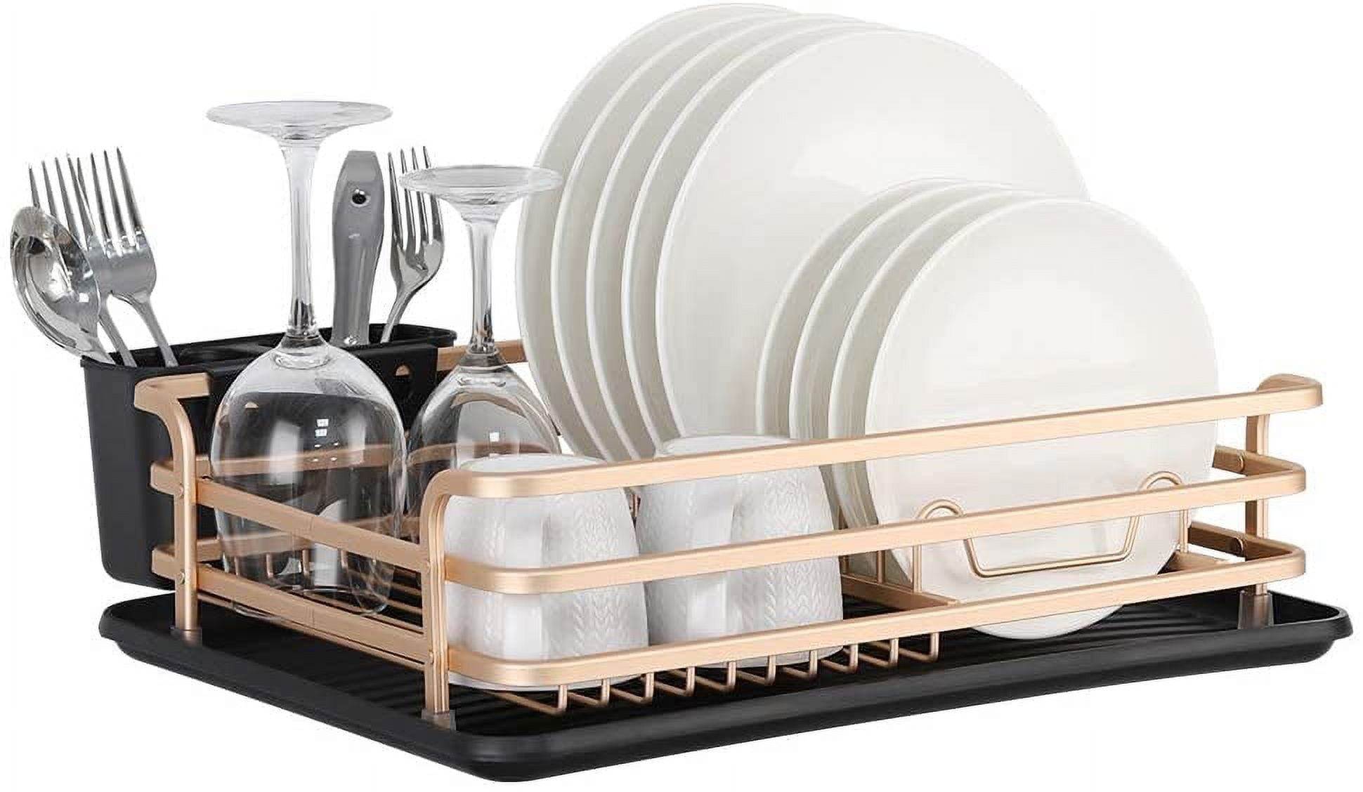 Aluminum Dish Drying Rack Compact Dish Rack with Cutlery Holder Removable Drainer Tray Rose Gold