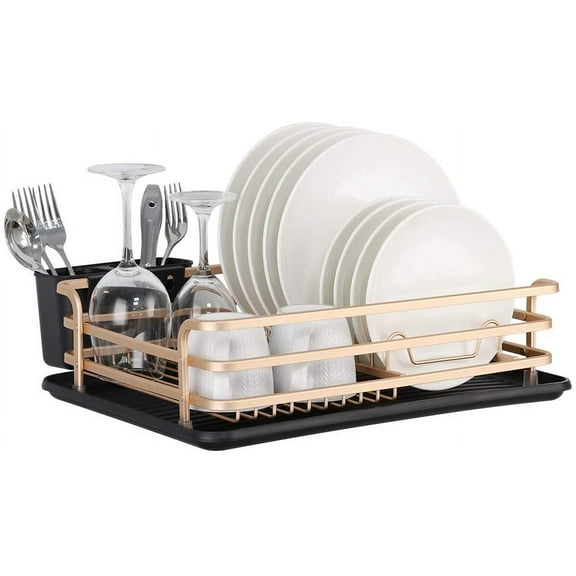 Aluminum Dish Drying Rack, Compact Dish Rack with Cutlery Holder, Removable Drainer Tray, Rose Gold