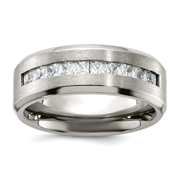 Titanium Brushed and Polished With Cubic Zirconia 8mm Band Size 8 Ring for Women and Men - 5.6 Grams