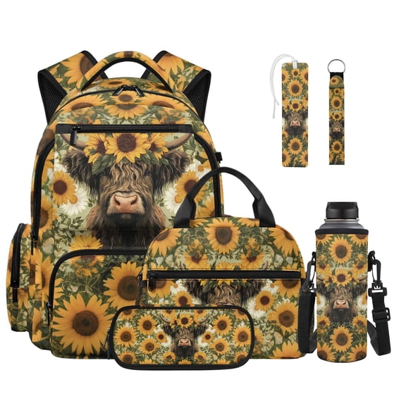 ZUXONGSY Sunflower Highland Cow Print School Backpack for Teens Boys Grils, 6-in-1 Kids Backpack Bookbag Set Rucksack School Bags with Lunch Box Pencil Case Water Bottle Sleeve Keychain Bookmark