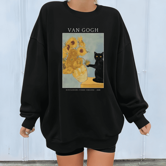 "Van Gogh Sunflowers & Black Cat" Art Graphic Sweatshirt | Women's Art-Inspired Casual Top | Plus Size S-5XL Art Print