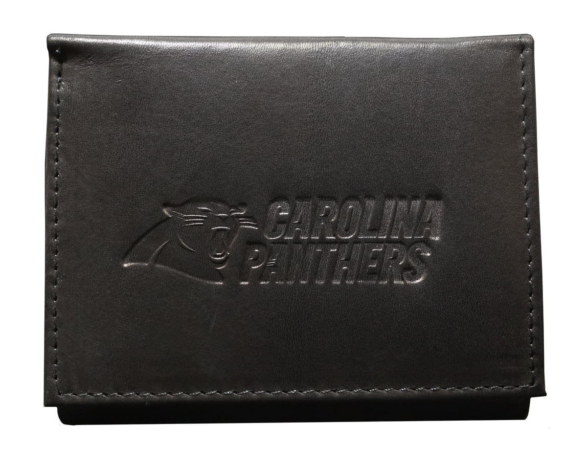 Carolina Football Panthers Distressed Look Embossed Logo Black Leather Trifold Wallet