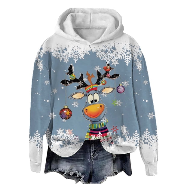 WILLBEST Sudadera de Mujer con Capucha, Estilo Casual, con Estampado Navideño de Ciervos con Cabeza Grande y Copos de Nieve Cuello Redondo, Manga Larga y Diseño Ligero X-Grande